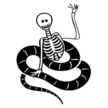 An x-ray style illustration displaying a snake skeleton positioned inside a live snake. The surrounding body of the snake is elongated and segmented, showcasing its scales in detail. The skeleton is clearly defined, with each bone visible against the soft tissue of the snake's body. The interaction between the two forms creates a captivating contrast, highlighting the intricate structure of the skeleton alongside the organic curves of the live snake.