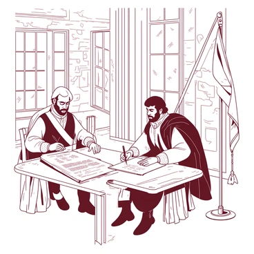 Two leaders dressed in ornate historical garments are seated at a large wooden table, signing a peace treaty. The leaders are focused on the document, with one leader using an elegant quill to sign, while the other is holding a polished scroll. In the background, there are two large flags representing their respective nations, displayed prominently on tall flagpoles. The setting features elaborately designed stone walls and rich tapestries that add to the historical atmosphere. The room is well-lit by natural light streaming in through large windows.