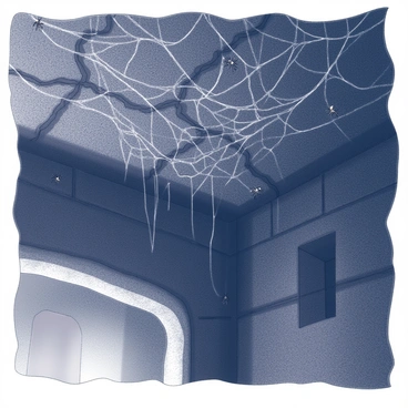 A dark, stone ceiling of a dungeon is filled with thick, tangled cobwebs. The cobwebs stretch across the ceiling, creating an intricate, web-like pattern. Several spiders are seen clinging to the webs, their legs extended as they rest. The stone surface is rough and uneven, with occasional cracks and crevices visible. Shadows cast by sparse lighting highlight the eerie atmosphere of the dungeon.