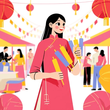 A Chinese girl with long black hair wearing a red traditional dress is holding colorful firecrackers. She stands amidst a lively Lunar New Year celebration, surrounded by bright red and gold decorations. Lanterns hang overhead, casting a warm glow. There are people in the background, some wearing festive outfits and others enjoying food from nearby stalls. The atmosphere is filled with excitement and joy, with the girl's face reflecting delight as she prepares to light the firecrackers.