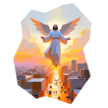 A saint with ethereal angel wings is floating gracefully above a sprawling cityscape. The saint has a serene expression, with long flowing robes that flutter gently in the wind. The angel wings are large and luminescent, radiating a soft glow. Below, the city is filled with tall buildings, busy streets, and tiny figures moving about, illuminated by the warm light of the setting sun. The sky is painted with hues of orange and pink, providing a beautiful backdrop to this divine scene.