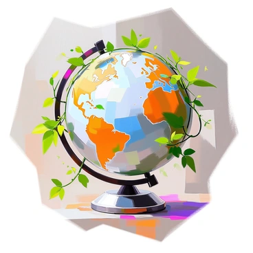 A detailed globe depicting the continents and oceans, with vibrant green plants and elongated vines climbing and entwining around its surface. The plants vary in size and shape, with some featuring large leaves and others with delicate tendrils. The globe is resting on a simple stand, allowing it to be viewed from multiple angles. Sunlight casts gentle shadows of the foliage on the globe, highlighting the texture of the plants against the smooth surface of the globe.
