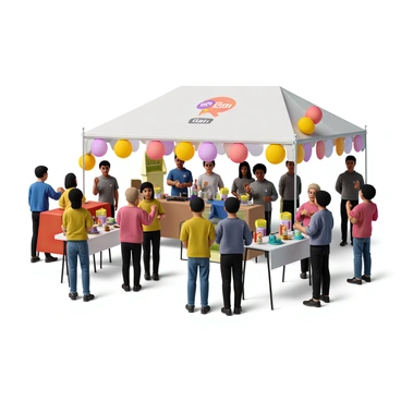 A vibrant community event taking place outdoors, featuring a large tent with colorful banners displaying the brand's logo. A friendly brand representative wearing a branded shirt is engaging with consumers, showcasing various products on display tables. There are several consumers of diverse backgrounds interacting with the products, showing interest and asking questions. Bright balloons and decorations add to the festive atmosphere, while a sign reading "Join Us!" is prominently featured. The scene is filled with a sense of excitement and engagement as people gather around to learn more about the brand.