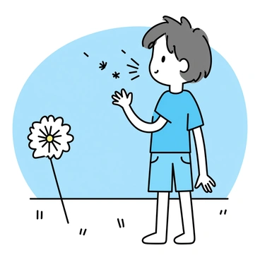 A child with short brown hair is standing in a field, blowing on a dandelion. The dandelion is white and fluffy, with seeds beginning to drift away into the blue sky. The child is wearing a light blue t-shirt and denim shorts. Sunlight is illuminating the scene, highlighting the seeds as they float gently through the air, creating a whimsical atmosphere.
