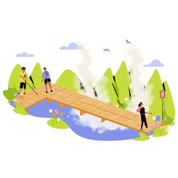 A wooden boardwalk extends along the edge of a steaming hot spring, surrounded by lush greenery. People are walking on the boardwalk, some pausing to admire the natural beauty of the hot spring. The steam rises in soft tendrils, creating a misty atmosphere. Above, a clear blue sky contrasts against the vibrant colors of the flowers lining the path. A few birds can be seen flying in the distance, while the gentle sound of water bubbling can be imagined.
