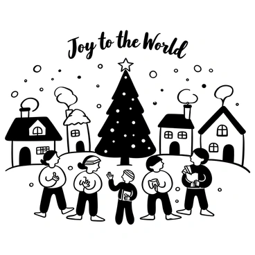 A group of elves dressed in festive clothing stands in a snowy village square, holding songbooks as they sing Christmas carols. Snowflakes drift down gently around them, adding to the winter atmosphere. The elves are arranged in a semi-circle, with some holding musical instruments like flutes and tambourines. A large evergreen tree, adorned with ornaments and a star on top, stands in the background. Quaint cottages with smoke rising from chimneys surround the square, creating a cozy scene. Words "Joy to the World" are displayed prominently above the choir.