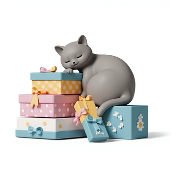 A fluffy gray cat with closed eyes, resting peacefully, is laying atop a colorful pile of birthday gift boxes. The boxes are wrapped in various patterns such as bright polka dots, vibrant stripes, and cheerful floral designs. Some have shiny ribbons tied in bows, adding a festive touch. The cat is curled up comfortably, with one paw hanging slightly over the edge of the highest box, while soft sunlight streams in, casting gentle shadows on the scene.