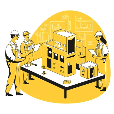 A group of engineers gathered around a detailed building model placed on a shaking table. The model is constructed with various materials, showcasing different architectural features. One engineer is adjusting controls on the shaking table, while another is observing the model closely, taking notes on a clipboard. The shaking table itself has various sensors and equipment attached, measuring the building's response. The background features tools and blueprints related to structural engineering, creating an organized workspace atmosphere.
