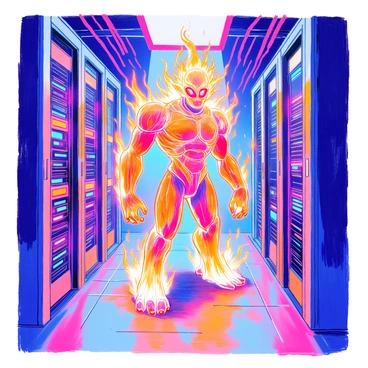 A futuristic sentinel made of flames is positioned in a server room. The sentinel's body is composed entirely of bright, swirling fire, with flames dancing and flickering across its form. It has an imposing stature and a fierce expression, with glowing eyes that illuminate the dark space around it. The server room is filled with rows of sleek, high-tech server racks, their LED lights blinking in various colors. The atmosphere is charged with energy, as the heat from the sentinel creates a slight distortion in the air. The walls of the server room are lined with cables and screens displaying data, highlighting the advanced technology surrounding the sentinel.