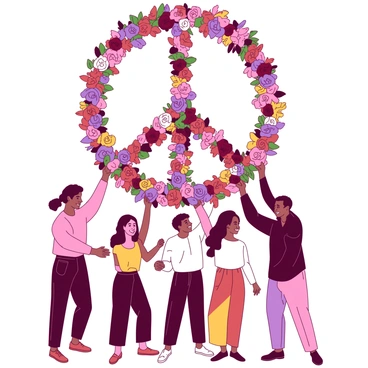 A large peace sign made up of colorful flowers is being held aloft by a diverse group of people. The individuals represent various ethnicities, showcasing a harmonious blend of skin tones and attire. Each person is gripping the flower arrangement with both hands, displaying smiles and expressions of joy. The flowers in the peace sign are abundant and vibrant, with distinct hues contributing to the overall design. The background shows a clear sky, emphasizing the theme of unity and peace.