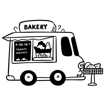 A bakery truck with an open side serving fresh pastries. The truck is adorned with decorative elements and has large wheels. A charming chalkboard menu is displayed prominently, listing "Today's Specials" in bold lettering. Various baked goods are arranged on a counter beside the truck, with items like loaves of bread, muffins, and pastries. A small table with a checkered tablecloth is set up nearby, displaying additional treats for customers.