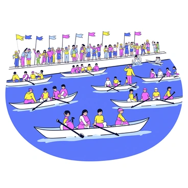 A lively scene of a snake boat race taking place on a wide river. Multiple long, slender boats are filled with rowers, each wearing matching bright uniforms. The teams are rowing in perfect harmony, with their paddles striking the water simultaneously, creating splashes around them. Spectators line the riverbanks, cheering enthusiastically, while colorful flags flutter in the breeze. The water reflects the bright colors of the boats and the vibrant atmosphere of the event.