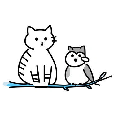 A cat with sleek fur, featuring distinctive stripes, is sitting attentively next to a large owl with round eyes and soft feathers on a sturdy branch. The cat's tail is curled around its paws, while the owl perches upright, its wings slightly tucked against its body. Both animals face forward, exuding an expression of wisdom. The branch is sturdy and textured, with a few leaves scattered around, completing the scene.