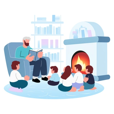 An elderly grandparent with gray hair is sitting in a comfortable armchair, holding a storybook open. Surrounding the grandparent are several attentive grandchildren, sitting on the floor and leaning forward to listen closely. The cozy fireplace beside them emits a warm glow, casting soft light across the room. A patterned rug lies beneath them, and the shelves in the background are filled with various books. The atmosphere is filled with the inviting warmth of a family gathering.