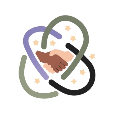 A digital flat illustration featuring an intricate logo representing the concept of "confederation and unity." The logo is designed with interlocking circles in shades of blue and green, symbolizing connection and collaboration. In the center, there is a stylized image of two hands shaking, colored in earthy tones of brown. Surrounding the logo, there are small stars in gold, representing diversity and inclusiveness. The overall composition is harmonious and balanced, conveying a sense of togetherness and strength.