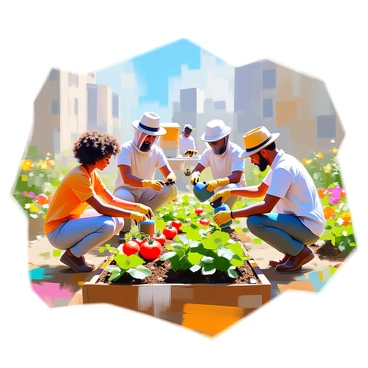 An urban farm scene featuring several city dwellers actively tending to vibrant vegetable gardens. Diverse individuals, including a woman with dark curly hair and a man wearing a sun hat, are planting and watering various plants such as tomatoes, peppers, and leafy greens. In the background, there are rooftop beehives, with a beekeeper in protective gear checking on the bees. The farm is filled with green patches and colorful flowers, surrounded by tall buildings that indicate the urban setting. A blue sky overhead adds brightness to the scene.