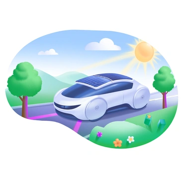 A futuristic car with a sleek design and integrated solar panels on its roof is driving along a sunlit road. The car features smooth curves and a shiny metallic surface, reflecting the sunlight. Flanking the road are vibrant green trees and colorful flowers, creating a lively atmosphere. In the background, a clear blue sky stretches above, with a few fluffy white clouds drifting lazily. The sun casts warm rays onto the scene, illuminating the car and the surrounding landscape.