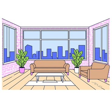 A spacious urban loft with wooden flooring and exposed brick walls. The room features large windows that allow ample natural light to flood in, showcasing a panoramic view of a city skyline with tall buildings and a clear blue sky. In the center of the room, there is a modern sofa in a neutral color and a coffee table made of glass and metal. Decorative plants are placed near the windows, adding a touch of greenery to the space.