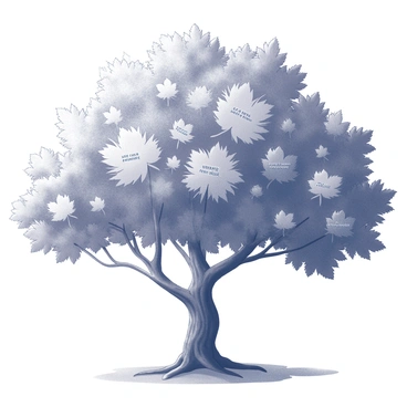 A large tree with a sturdy trunk and sprawling branches. The branches are densely packed with an abundance of leaves. Each leaf is uniquely shaped, showcasing intricate details that symbolize different acts of kindness. The leaves appear to be arranged thoughtfully, reflecting actions such as "helping a neighbor," "sharing a smile," and "donating food." The ground beneath the tree is covered with fallen leaves, adding to the richness of the scene. The tree stands tall, surrounded by a serene landscape that emphasizes its significance.