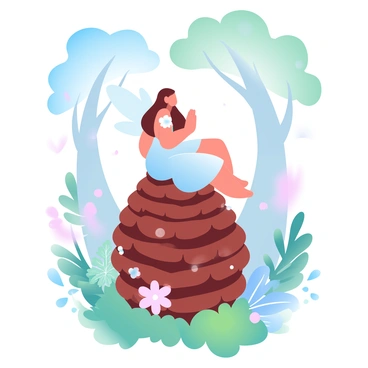A whimsical fairy with delicate wings is sitting atop a giant pine cone in an enchanted forest. The pine cone has a rich texture, displaying its intricate scales in detail. Surrounding the pine cone is lush greenery, with vibrant ferns and moss carpeting the ground. The fairy's gown flows gently, adorned with tiny flowers that match the colors of the forest. Soft, dappled light filters through the leaves above, casting gentle shadows around the scene. In the background, towering trees stretch majestically towards the sky, their trunks adorned with patches of colorful fungi.