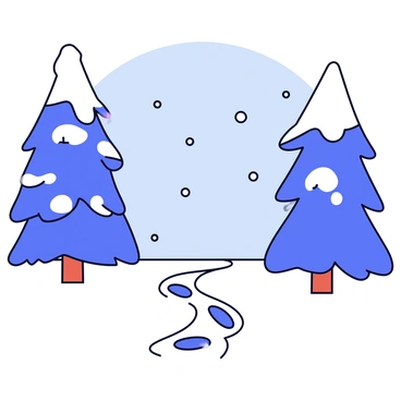 A winter forest scene featuring tall evergreen trees covered in a thick layer of fresh white snow. The ground is also blanketed with a soft, fluffy layer of snow. Gentle snowflakes are falling from the gray sky. In the foreground, a small, winding path leads through the trees, with footprints lightly pressed into the snow. There are patches of soft light filtering through the branches, illuminating parts of the snowy landscape.