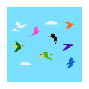 A flock of birds in various poses is soaring across a bright blue sky. The birds are depicted in different sizes and wing positions, showcasing their movement and grace. The background is a clear expanse of sky with no clouds, enhancing the vibrant colors of the scene. The birds are illustrated with bold outlines, emphasizing their dynamic flight. Each bird features distinct colors, representing a variety of species, creating a lively and energetic composition.