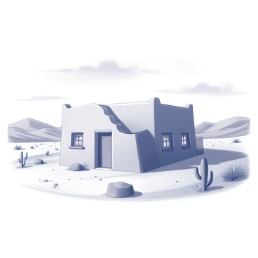 A traditional adobe house with thick, sun-baked walls and a flat roof. The structure features small, square windows with wooden shutters. Surrounding the house is a vast desert landscape, characterized by rolling dunes and sparse vegetation. In the distance, there are a few scattered cacti and rocky outcroppings. The scene has a wide-open feel, emphasizing the isolation of the house against the expansive terrain. "A bright blue sky" stretches overhead, dotted with a few wispy clouds.