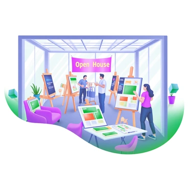 A spacious open house event at an illustration agency filled with natural light. In the center, a group of artists is mingling, chatting enthusiastically, and exchanging ideas. Some artists are showcasing their artwork on easels, featuring colorful illustrations and prints. There are tables displaying various art supplies, sketchbooks, and promotional materials. A large banner in the background reads "Open House" in playful, bold letters. Potted plants and comfortable seating arrangements create a welcoming atmosphere. There are visitors admiring the art and engaging with the artists, creating a lively and interactive environment.