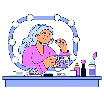 A beauty expert is standing in front of a large vanity mirror with bright lights surrounding it. She has long hair styled in loose waves and is wearing a stylish outfit. Her makeup palette is open on the countertop, displaying a variety of colors. The expert is applying lipstick with precision, holding a brush in her other hand. The vanity is neatly organized with makeup brushes, skincare products, and small decorative items, creating a tidy and inviting space.