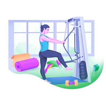 A fitness scene featuring a person focused on their balance while performing a cable kickback exercise. The individual is in a gym setting, positioned in front of a cable machine. They are wearing a bright athletic outfit, with a blue tank top and black leggings. The person's posture is steady, with their back straight and one leg extended backward, targeting their glutes. The cable is attached to their ankle, creating tension as they engage in the movement. Nearby, there are colorful gym accessories, such as a yoga mat and a set of dumbbells. The gym has large windows letting in natural light, enhancing the vibrant atmosphere.