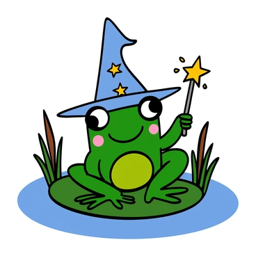 A cute green frog with large eyes is wearing a blue pointy wizard hat adorned with yellow stars. The frog is also holding a shiny magic wand in its right hand. It is sitting on a lily pad in a small pond surrounded by reeds. The frog has a cheerful expression, and there are small sparkles around the tip of the wand, hinting at its magical abilities.