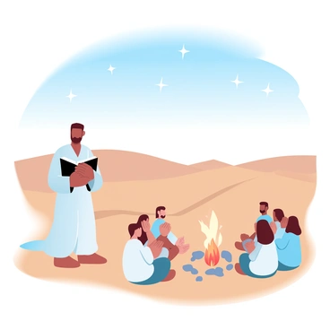 A vast desert landscape stretches out under a clear blue sky. Sand dunes ripple in the distance, creating gentle curves across the horizon. In the foreground, a lone preacher is standing, holding a large Bible open in both hands. The preacher is dressed in a simple robe that flows softly in the light desert breeze. Surrounding the preacher is a small group of people seated on the sandy ground, captivated by the message. They are gathered closely around a warm campfire, with flickering flames casting a gentle glow on their faces. The fire is surrounded by small stones, and the night sky above is beginning to fill with stars, illuminating the scene with a serene ambiance.