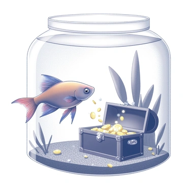 A betta fish with vibrant fins is swimming near the bottom of a glass aquarium. The fish is exploring a sunken treasure chest, which is partially buried in the gravel substrate. The chest has ornate carvings and an open lid, revealing gold coins and sparkling jewels inside. Tiny bubbles are rising from the chest, creating a sense of motion in the water. Aquatic plants surround the area, swaying gently in the water current. Sunlight filters through the surface of the tank, casting soft reflections on the chest and illuminating the fish's colorful fins.