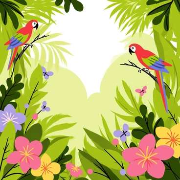 A subtropical forest filled with vibrant greenery and sunlight filtering through the leaves. Colorful parrots with bright red, green, and blue feathers are perched on branches, interacting with each other. Various flowering plants with large, vivid blossoms in shades of pink, yellow, and purple are scattered throughout the forest floor, attracting butterflies. The scene is lively, depicting the energy and biodiversity of the subtropical ecosystem.
