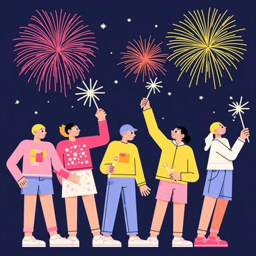 A group of children holding sparklers, with bright, glowing trails of light emanating from them. Each child is wearing colorful clothing, showcasing different patterns and styles. Above them, vibrant fireworks are bursting in the night sky, displaying a variety of colors such as red, yellow, and blue. The scene captures the joyful expressions of the children as they wave their sparklers, creating a lively and festive atmosphere.