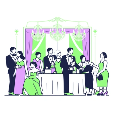 A high-society event with elegantly dressed guests mingling under sparkling chandeliers
