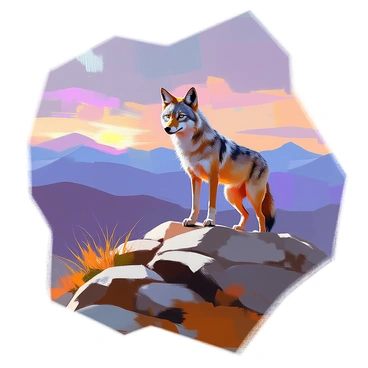 A lone coyote with a thick, brownish-gray coat stands alertly on a rugged rocky outcrop. Its ears are perked up, and its sharp eyes scan the horizon. The sky above is a dusky blend of purples and dark blues, scattered with hints of fading sunlight. In the background, distant mountains are silhouetted against the twilight, adding depth to the scene. The rocky surface is textured, with patches of sparse vegetation peeking through the crevices. The overall composition evokes a sense of solitude and wilderness.