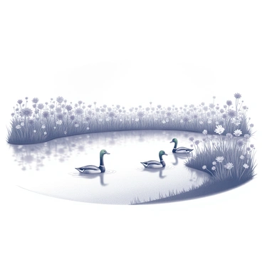 A calm lake is the focal point of the image, its smooth surface reflecting the surrounding scenery. The lake is bordered by a field filled with flowers in various shapes and sizes, creating a vibrant display of natural beauty. Ducks can be seen swimming peacefully on the water, leaving gentle ripples in their wake. The overall composition captures the serene interaction between water and land, with the ducks contributing to the tranquil atmosphere.