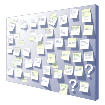 A wall densely populated with numerous post-it notes. Each note is a different size, featuring a variety of questions handwritten in diverse styles. The notes are arranged haphazardly, creating a collage effect. Some notes are stuck askew, while others are neatly aligned. The overall arrangement covers the entire wall, leading the viewer's gaze across the myriad of questions presented.