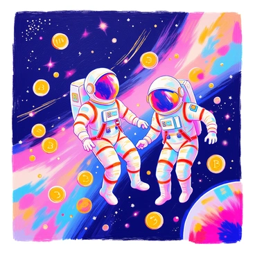 A group of astronauts in space are floating in their sleek, white space suits, each with a visor reflecting the vastness of the cosmos. They have various patches on their suits indicating their missions. Surrounding them are numerous "bitcoins" represented as golden coins, glinting in the sunlight as they orbit gracefully around the astronauts. The backdrop features a deep black space filled with distant stars and a colorful nebula, creating a stunning visual contrast.