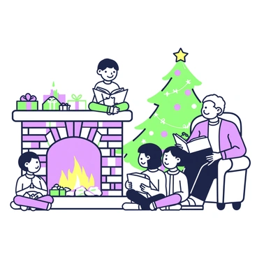 A grandparent with gray hair is sitting in a cozy armchair next to a fireplace. The fireplace is made of bricks and has a warm glow emanating from the flames. The grandparent is holding an open storybook, reading the "Christmas story" aloud. Surrounding the grandparent are three children, two of whom are sitting cross-legged on the floor, while the third is perched on the arm of the chair. They are all listening intently, with expressions of joy and excitement. In the background, a decorated Christmas tree is visible, adorned with various ornaments and twinkling lights. A few wrapped gifts are piled underneath the tree.