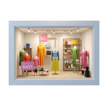 A store window display featuring various stylish items on sale. The display includes brightly colored clothing arranged neatly on mannequins, showcasing the latest fashion trends. There are accessories such as handbags and shoes artfully placed on shelves surrounding the mannequins. The background consists of a clean, modern design that highlights the products. Large printed signs indicate the discounts, with phrases like "Up to 50% off" and "Limited Time Offer" prominently displayed in bold lettering. Soft lighting enhances the overall appearance, drawing attention to the attractive merchandise.