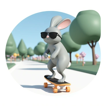 A cool hare, with sleek gray fur and large ears, is wearing stylish black sunglasses. It is confidently riding a skateboard down a smooth, sunlit sidewalk. The hare is perched on the skateboard with one foot on the board and the other foot lifted in the air, showcasing its balance. In the background, there are lush green trees lining the sidewalk, and a few colorful flowers blooming along the path. The sky is clear and blue, adding to the vibrant atmosphere of the scene.