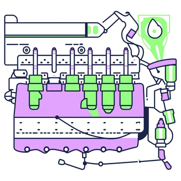 A close-up view of truck spark plugs arranged within the engine compartment. The spark plugs, metallic and cylindrical, are positioned neatly along the engine cylinder head. Each spark plug is connected to an ignition coil by thin wires. The engine block is visible, showcasing a combination of intricate metal components, gaskets, and hoses. Surrounding the spark plugs, there are various engine parts such as a valve cover and fuel injectors, all detailed with visible bolts and textures. The background includes a hint of the engine assembly, emphasizing the mechanical complexity of the truck's engine system.
