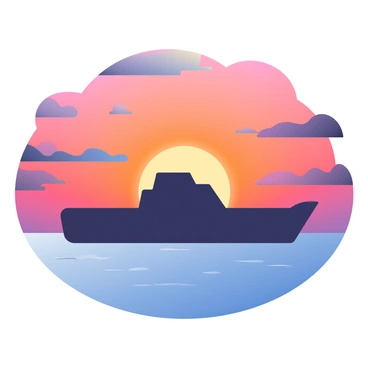 A silhouette of a barge is positioned in the foreground, prominently outlined against a vivid sunset sky. The sky is filled with an array of colors, including deep oranges, pinks, and purples, blending seamlessly into one another. Beneath the barge, the calm sea reflects these stunning sunset hues, creating a tranquil atmosphere. The water's surface is smooth, with gentle ripples that subtly distort the colors above. The barge has a simple, angular shape, and its form contrasts sharply with the vibrant backdrop of the sky.