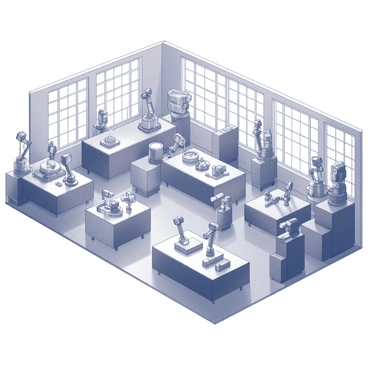 A large factory space filled with advanced robots engaged in assembling various gadgets and machines. The interior features multiple assembly lines, each equipped with different types of robotic arms performing precise tasks. Some robots are welding components together while others are placing parts in organized configurations. The factory is well-structured, showcasing rows of machinery and tools, with large windows allowing for ample light to illuminate the workspace. Various gadgets in different stages of assembly are scattered throughout, emphasizing the busy and productive environment.