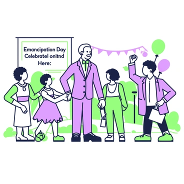 Frederick Douglass is standing in an outdoor setting, surrounded by a group of diverse people celebrating Emancipation Day. He is wearing a formal suit with a bow tie and has a confident expression. To his left, a woman is holding a banner that reads "Emancipation Day Celebrated Here," while on his right, a man is raising his fist in a triumphant gesture. Children are playing nearby, and in the background, there are trees and a festive atmosphere with balloons and flags. The group appears joyful and engaged in conversation, embodying a sense of community and celebration.