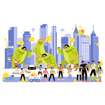 A city under attack by giant monsters, with citizens fleeing and heroes fighting back