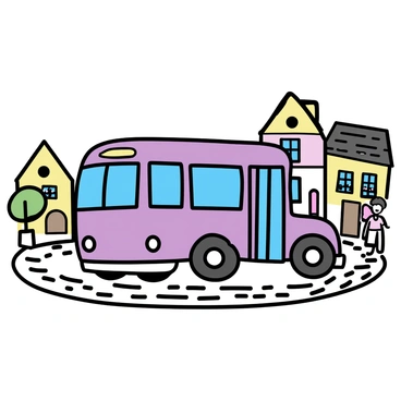 A purple bus, with clean lines and a rounded shape, is positioned in the center of a quaint village square. The bus has large windows and a bright front, showcasing its vibrant color. Surrounding the bus are cobblestone streets, worn smooth by time, with stones in various shades of gray and brown. In the background, there are charming, old-style buildings with colorful facades and flower boxes in the windows. People are walking nearby, enjoying the pleasant day, and a small tree stands in one corner of the square, adding a touch of greenery.