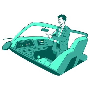 A teal salesperson is standing inside a sleek new car, enthusiastically pointing towards the dashboard. The dashboard is illuminated, showcasing various high-tech features, including a large touchscreen display with colorful icons. The salesperson wears a smart-looking suit and has an engaging smile. A white car interior surrounds them, featuring modern designs with soft upholstery and advanced controls. The windows are slightly tinted, allowing a glimpse of the outside environment.